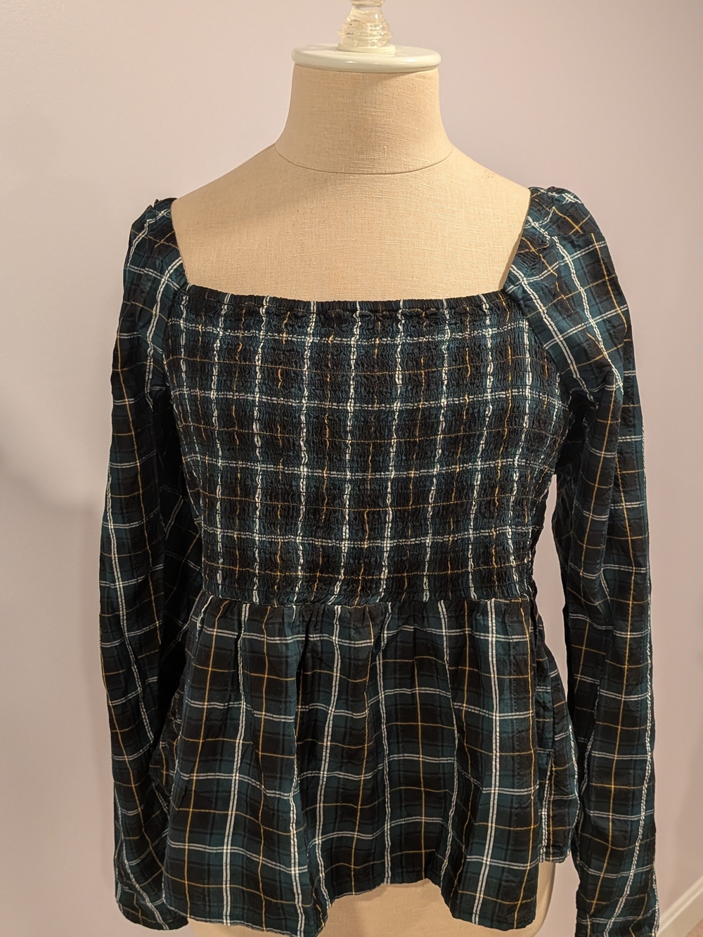 New Old Navy Plaid Smocked Peplum Dark Green | Long Sleeve| Indie Twee | Fall